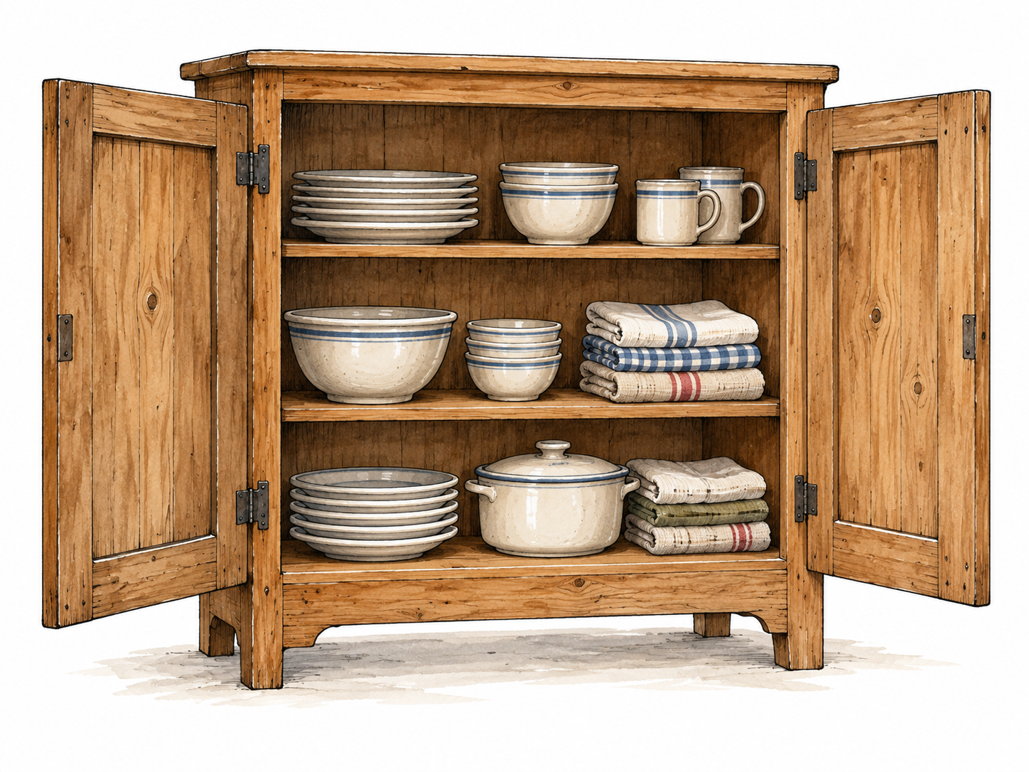 A wooden storage cabinet with open doors revealing shelves of dishes and folded cloth.