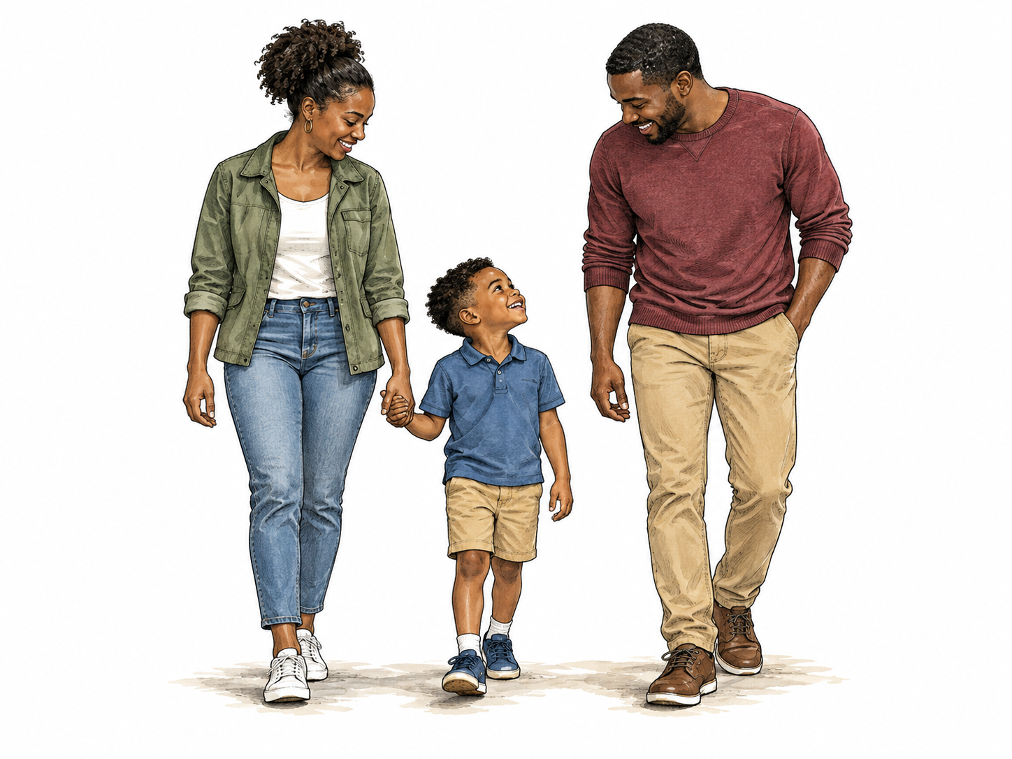A simple family relationship illustration: adult Black sister and brother stand together, the sister holds her young son's hand; uncle smiles toward boy.