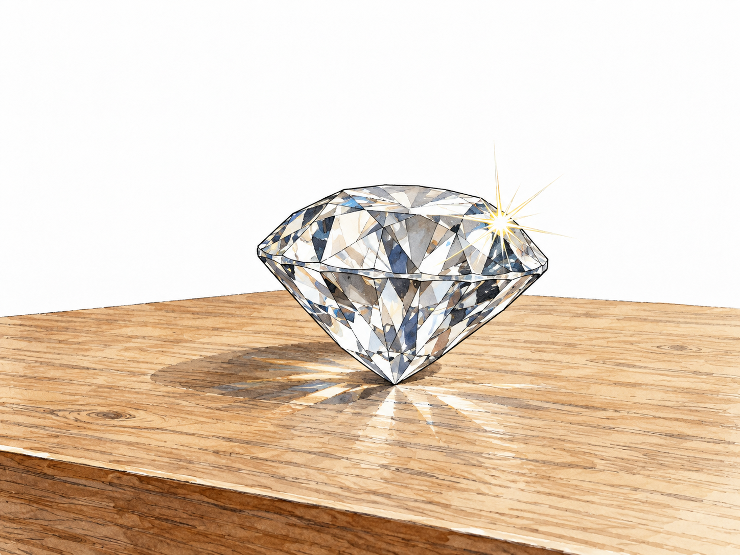 One vivid brief glint off the facet of a diamond on a plain tabletop.
