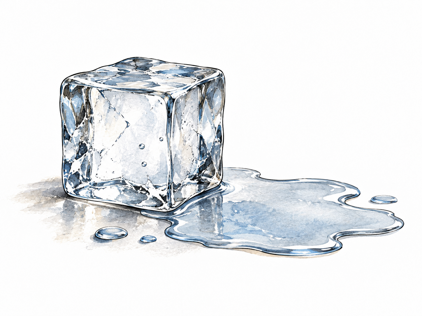 A solid ice cube holds its sharp shape beside a shallow puddle of melted water.