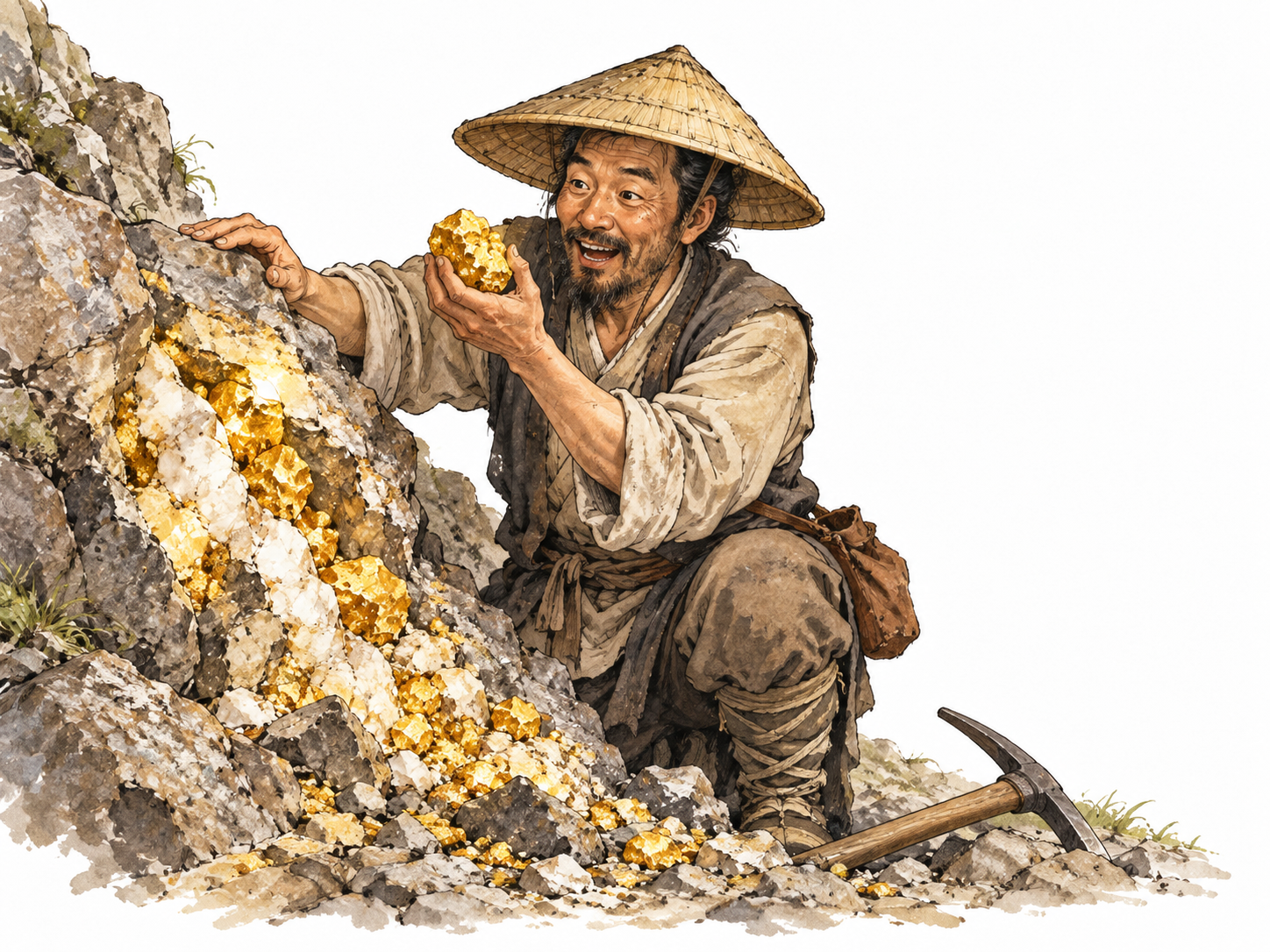 An East Asian prospector discovers a rich seam of bright gold nuggets in rock.