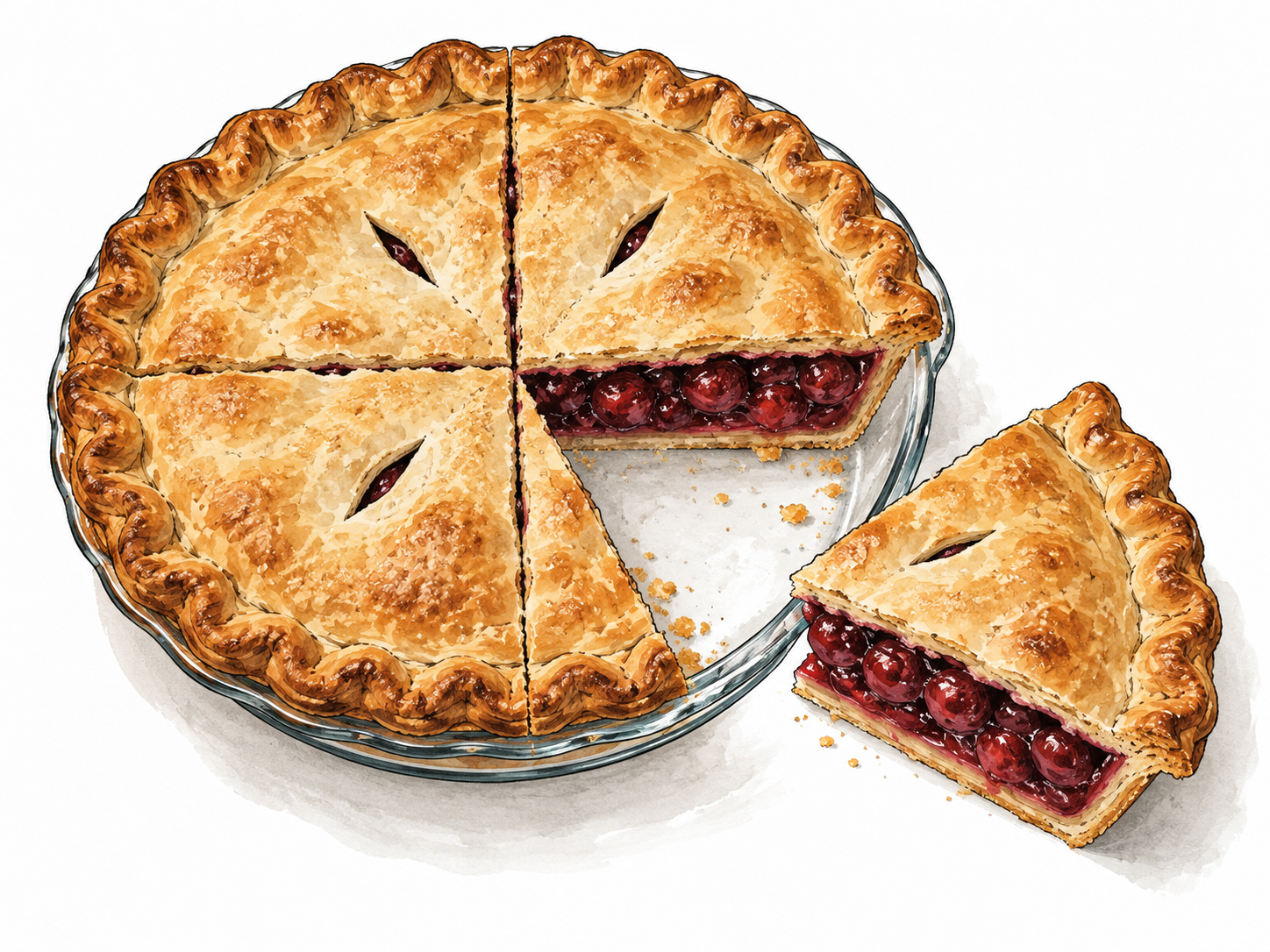 A pie with one quarter neatly separated from the remaining three quarters, relative portion clear, overhead three-quarter view.
