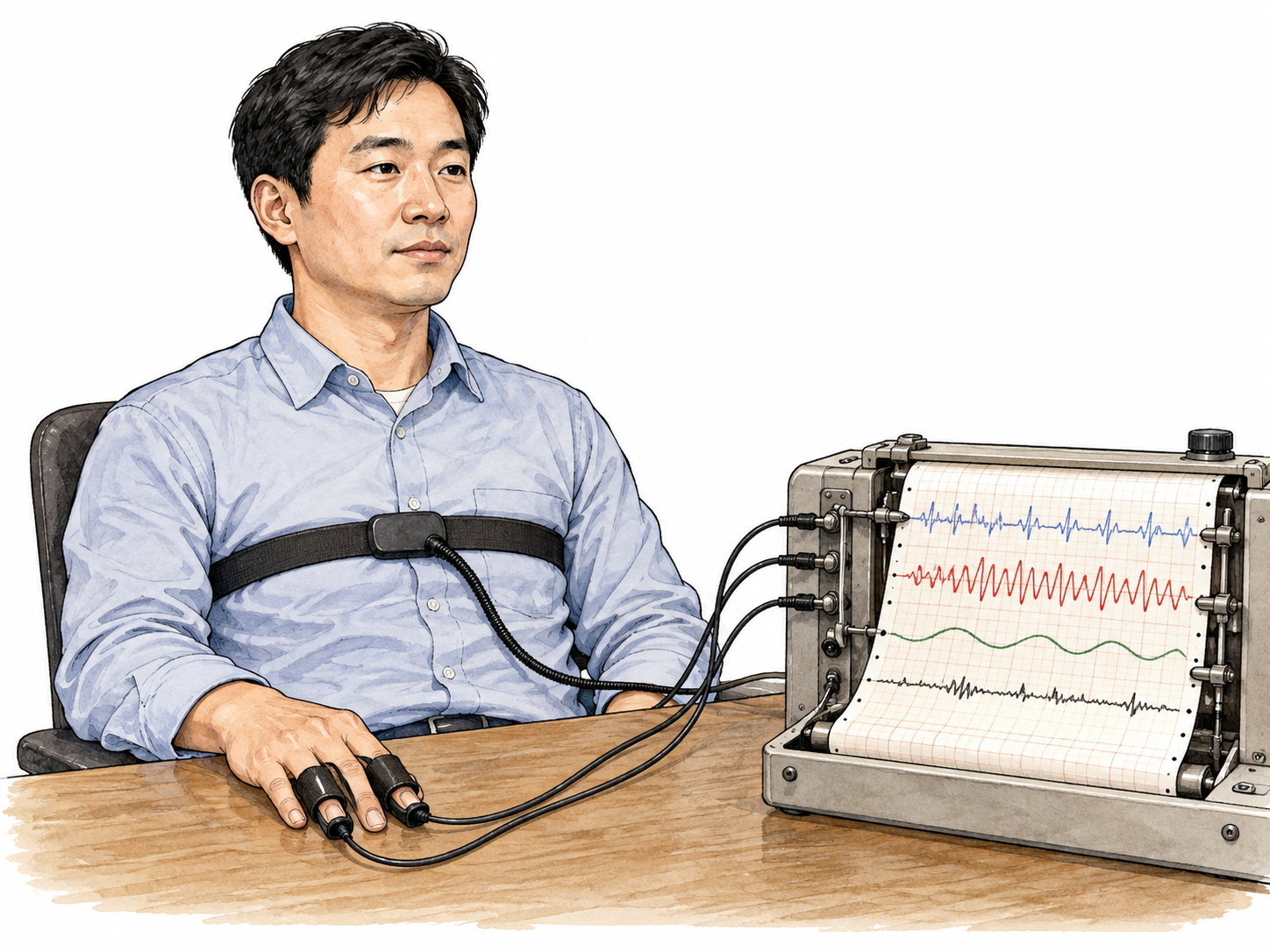 A calm East Asian adult wears fingertip sensors and a chest respiration strap connected to a polygraph instrument that draws several wave traces on paper, no interrogation aggression.
