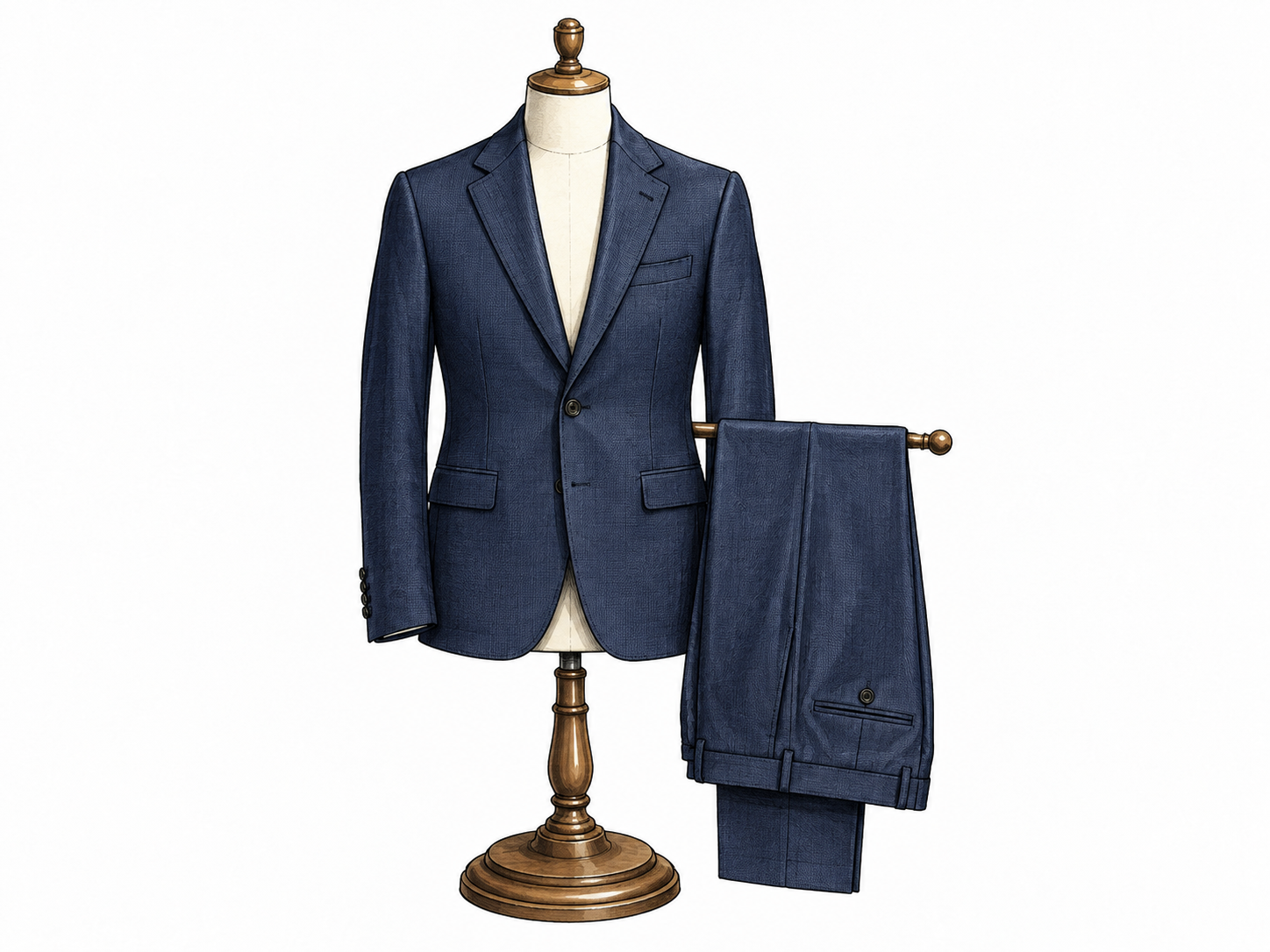 A well-tailored navy jacket and matching trousers displayed together on a mannequin, exact matching fabric.