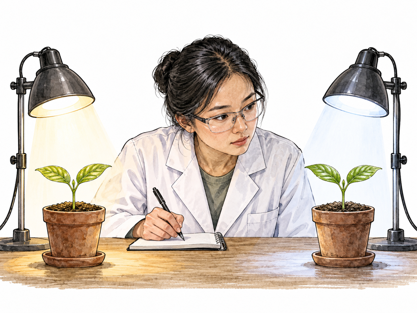 An East Asian scientist compares two identical seedlings under different lighting, controlled experiment.