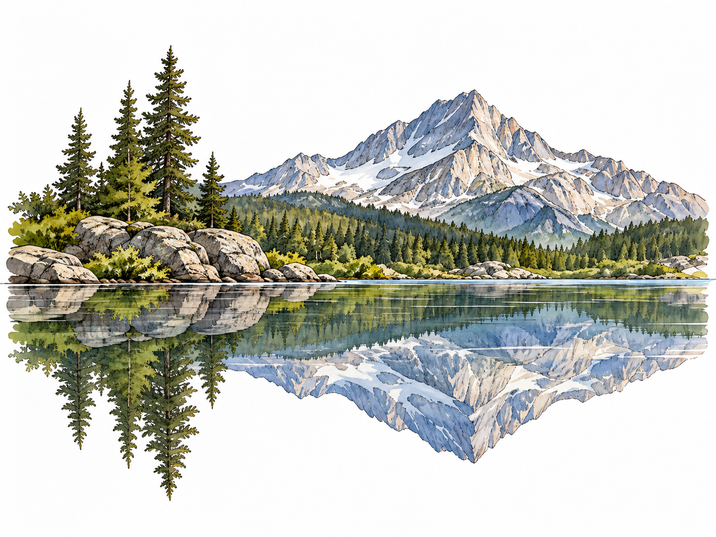 One landscape reflected in still water, two distinct joined aspects, above and below clearly visible.