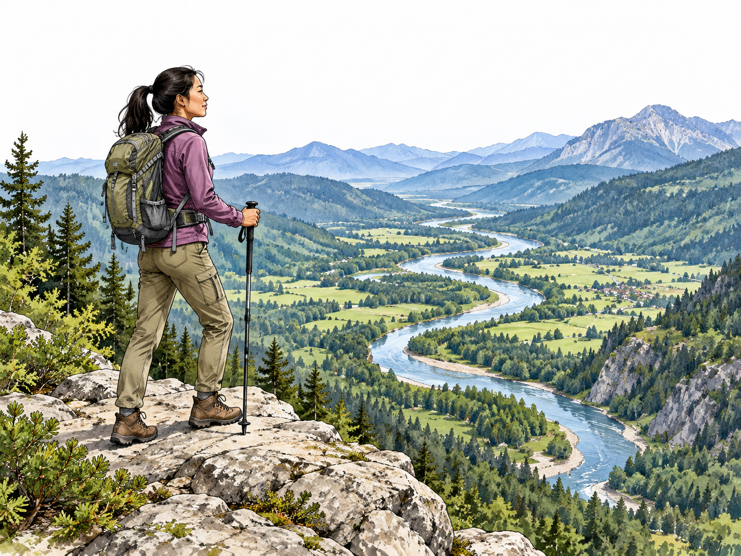 A hiker on elevated overlook sees entire winding valley below, East Asian woman, useful viewpoint obvious.