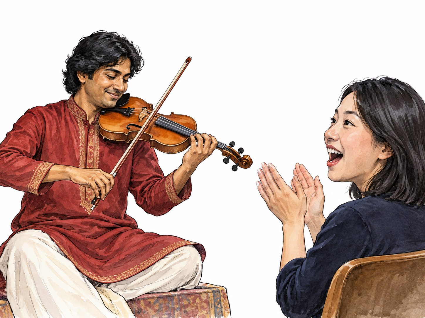 An East Asian audience member applauds enthusiastically with open mouth after a South Asian violinist's performance.