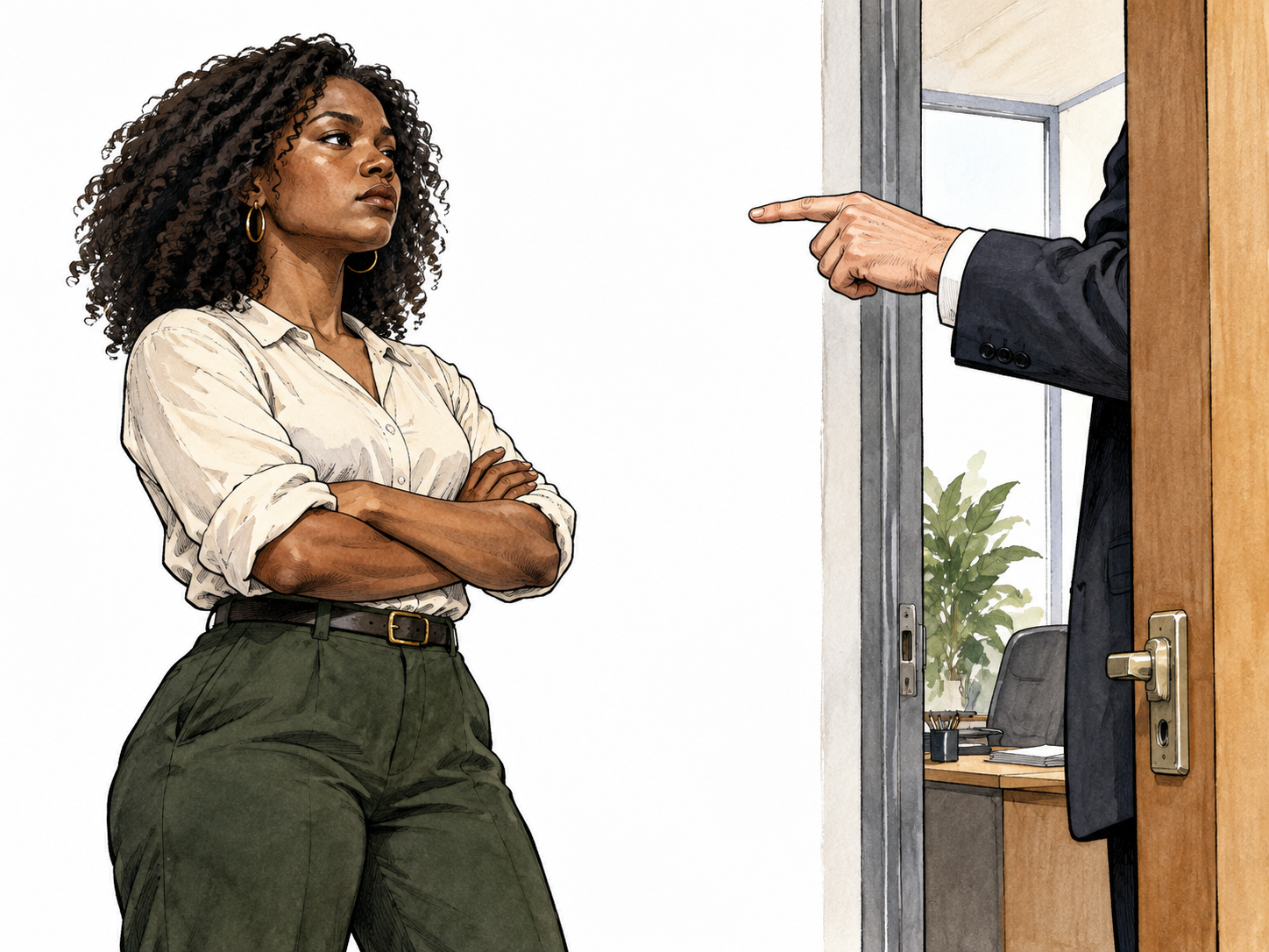 Black woman stands firm with crossed arms facing ordering hand at workplace doorway, open resistance.