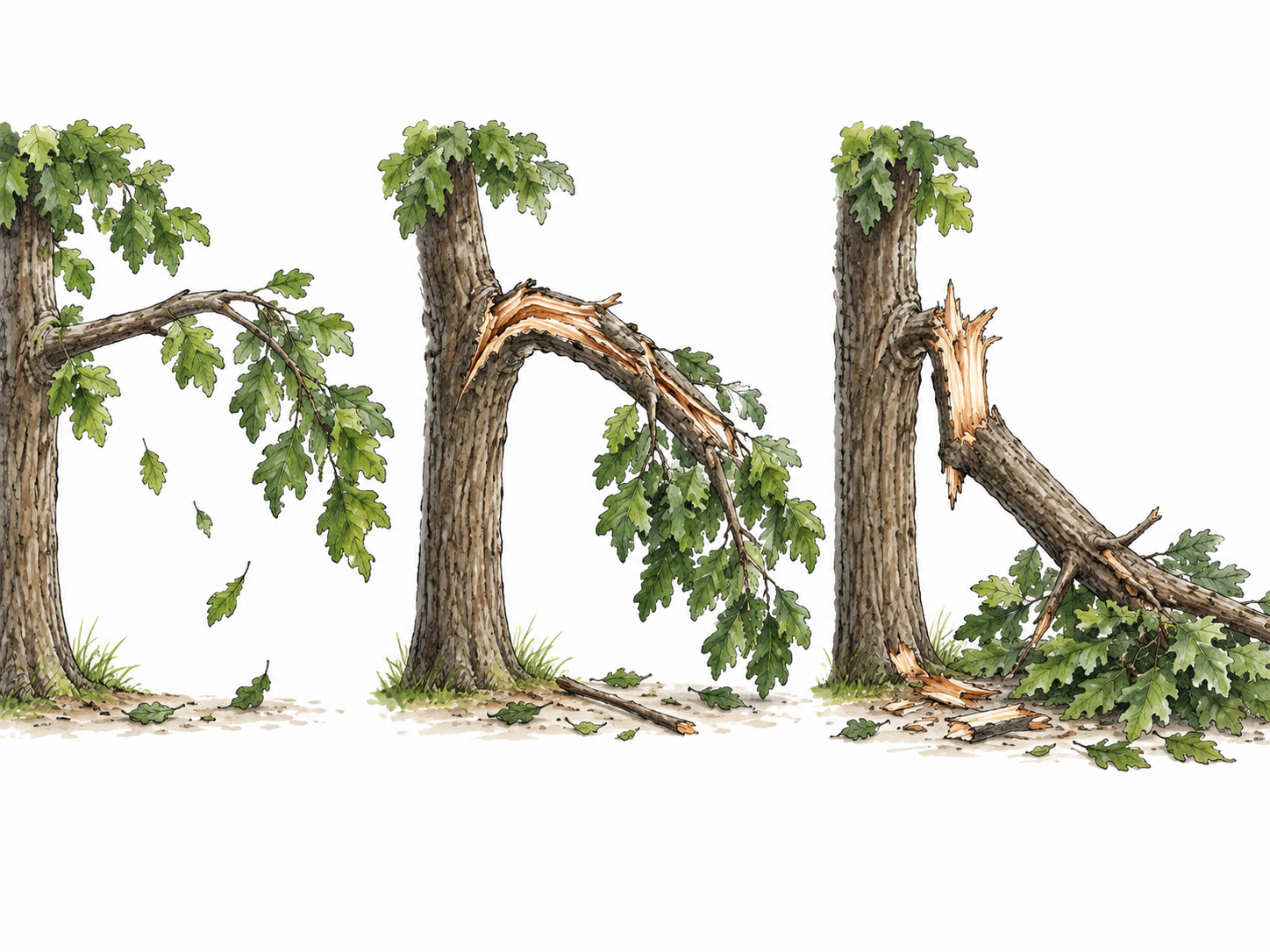 Three branches after storm showing minor damage, cracked limb, completely broken limb, increasing severity no text.