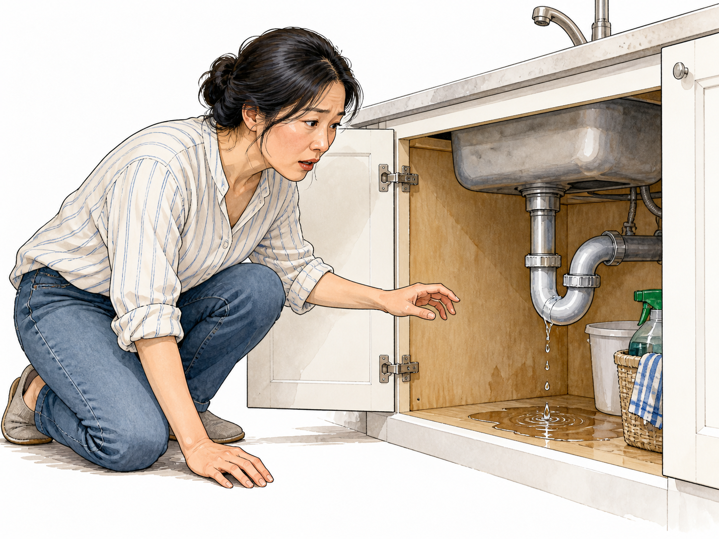 A fresh leak begins under a kitchen sink as an East Asian homeowner notices the first puddle, a problem arising.