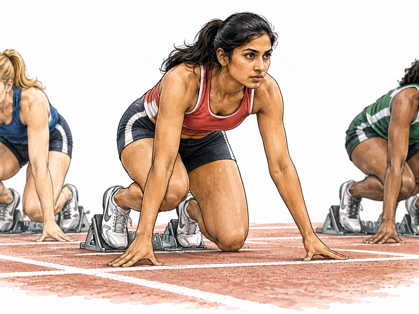 A focused South Asian woman runner stands ready beside other runners at race starting line, individual central competitor.