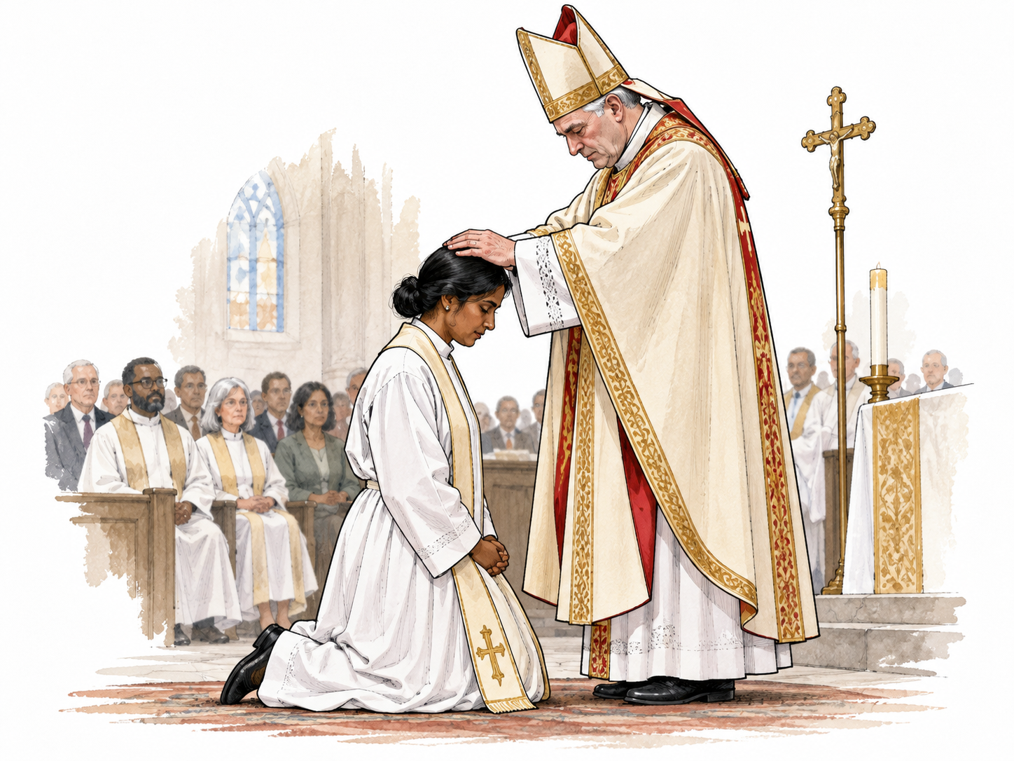 A South Asian woman kneels before an older white bishop who lays both hands on her head, congregation in soft background, solemn clergy appointment.