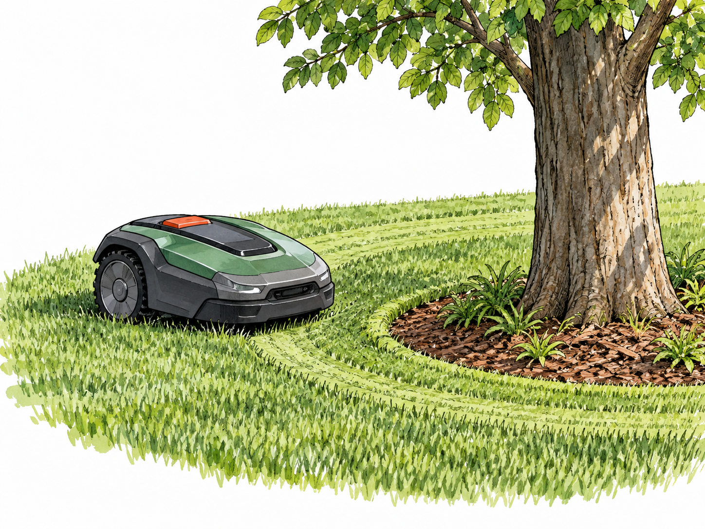 An unmanned robotic mower operates independently across a lawn around a tree, no remote controller or operator.