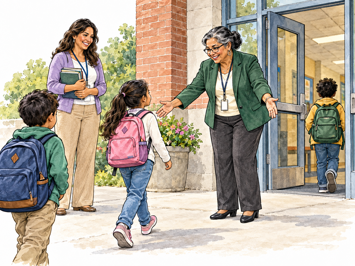 An older Latina school principal welcomes children at school entrance with a teacher nearby, confident administrative role, no signs.