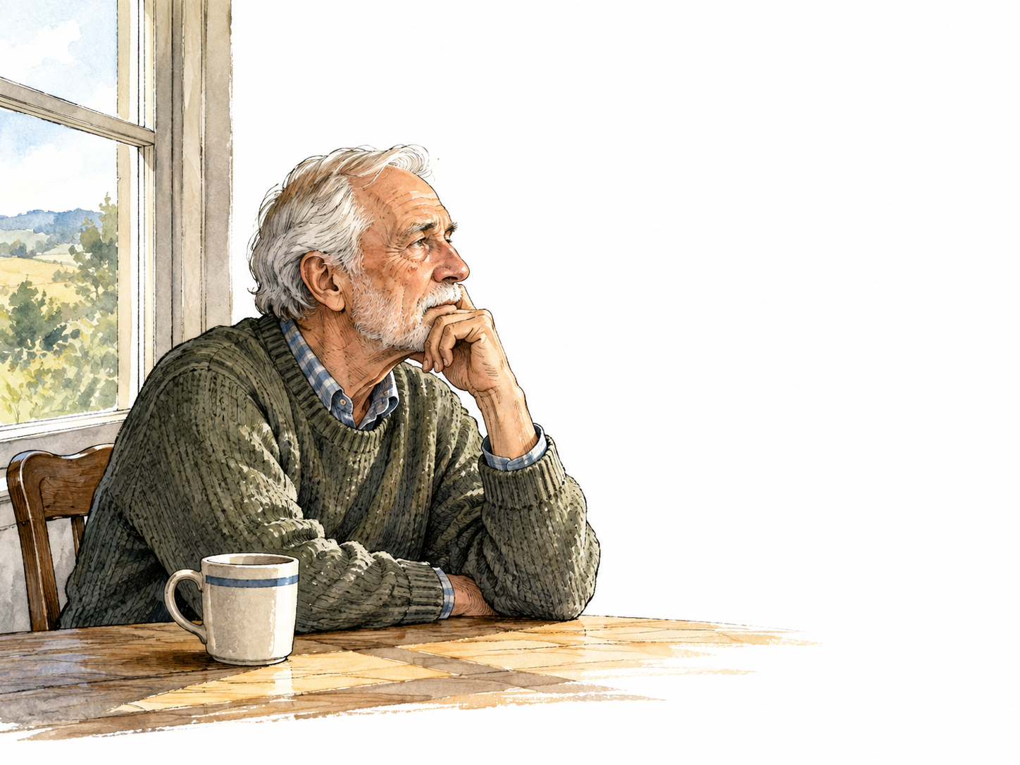 An elderly white man sits by a window in deep reflective thought.