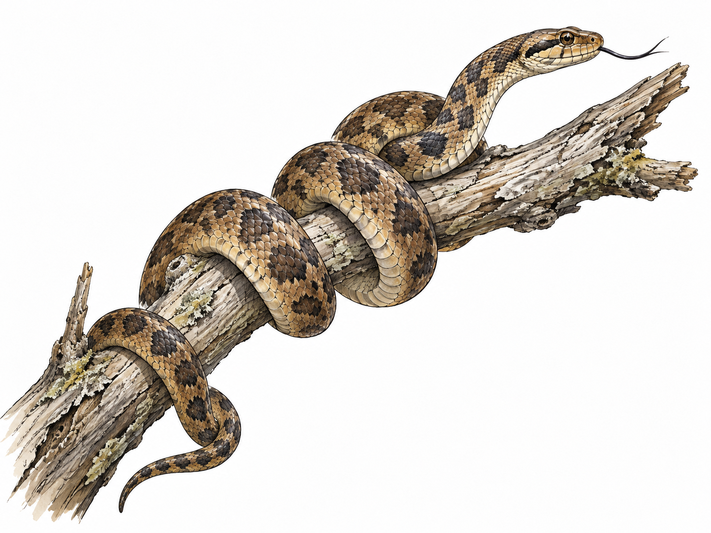 A large naturalistic snake coiled around a weathered branch, literary atmosphere without fantasy anatomy.
