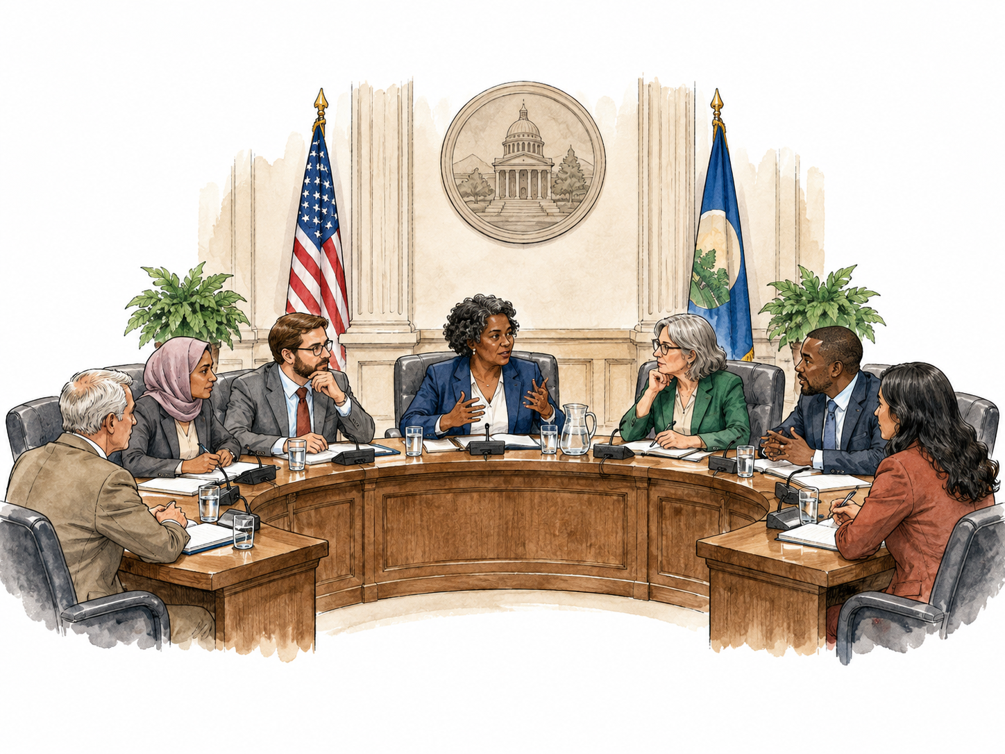 A representative civic council of diverse adults deliberates around a table in a public chamber.