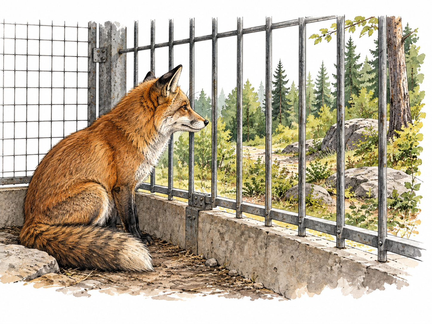 Fox behind secure wildlife enclosure bars looking toward woodland beyond, held rather than freely roaming.