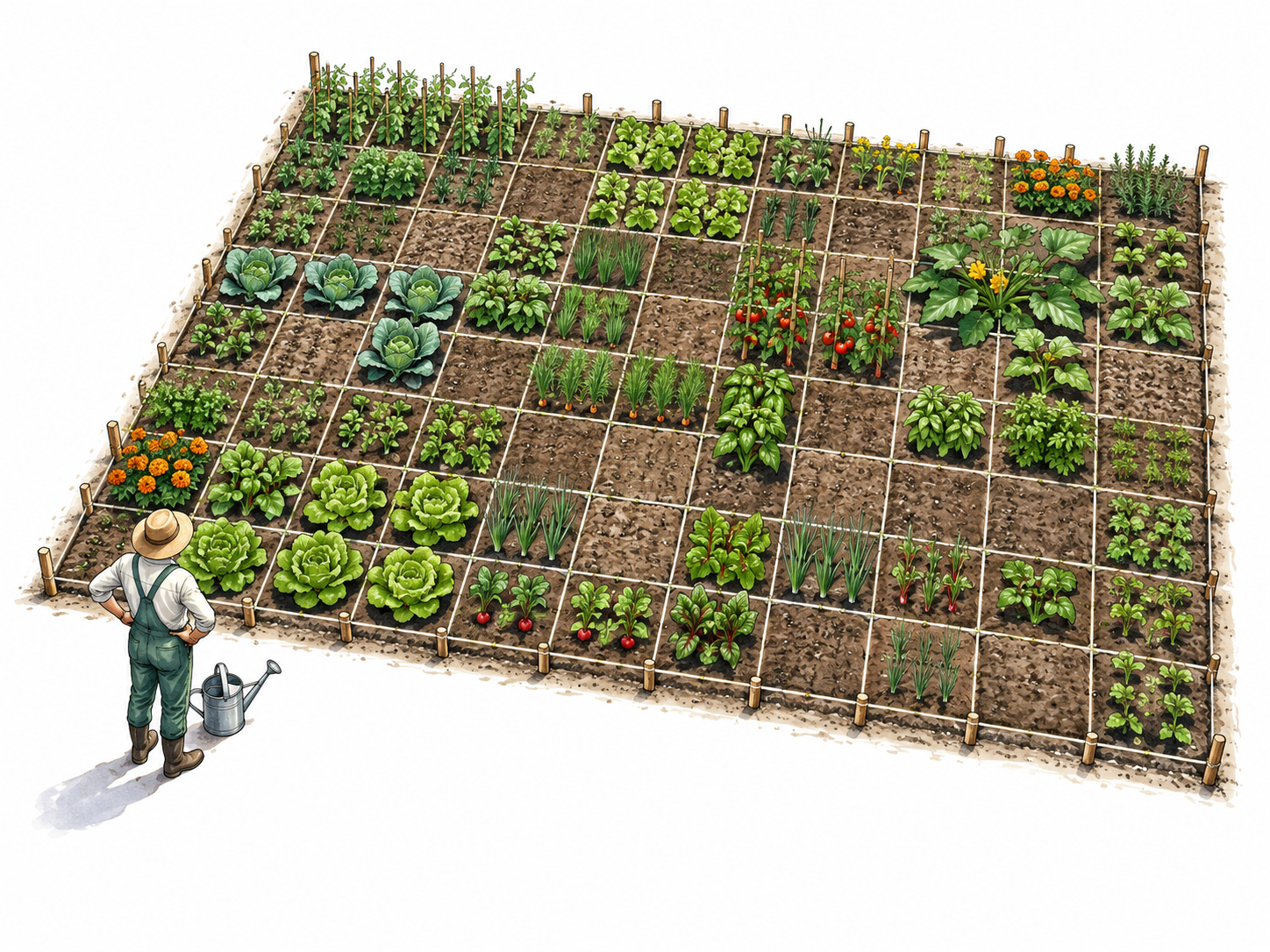 A square garden plot divided visibly into ten by ten equal one-meter squares, with a human gardener for scale; no text.