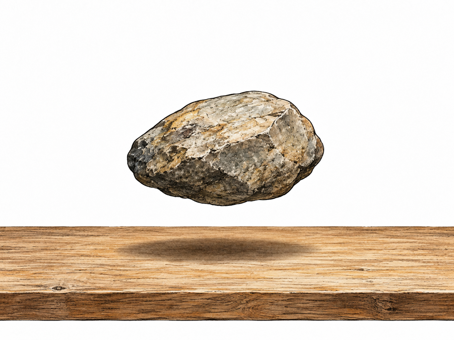 A plain stone levitates a short distance above a tabletop, distinct shadow and no visible support.