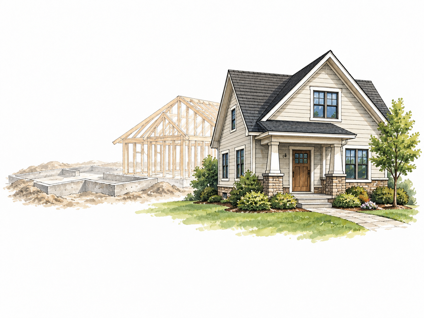 A completed house stands beside faded visual traces of its earlier foundation and frame, showing the resulting completion.