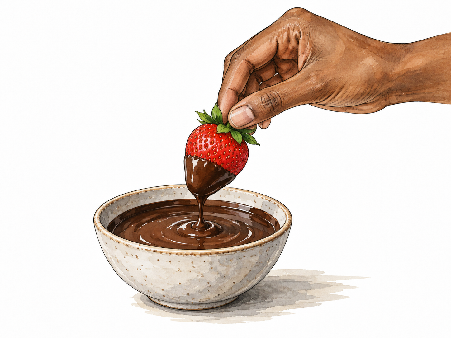 A brown hand dips the bottom of a strawberry into melted chocolate.