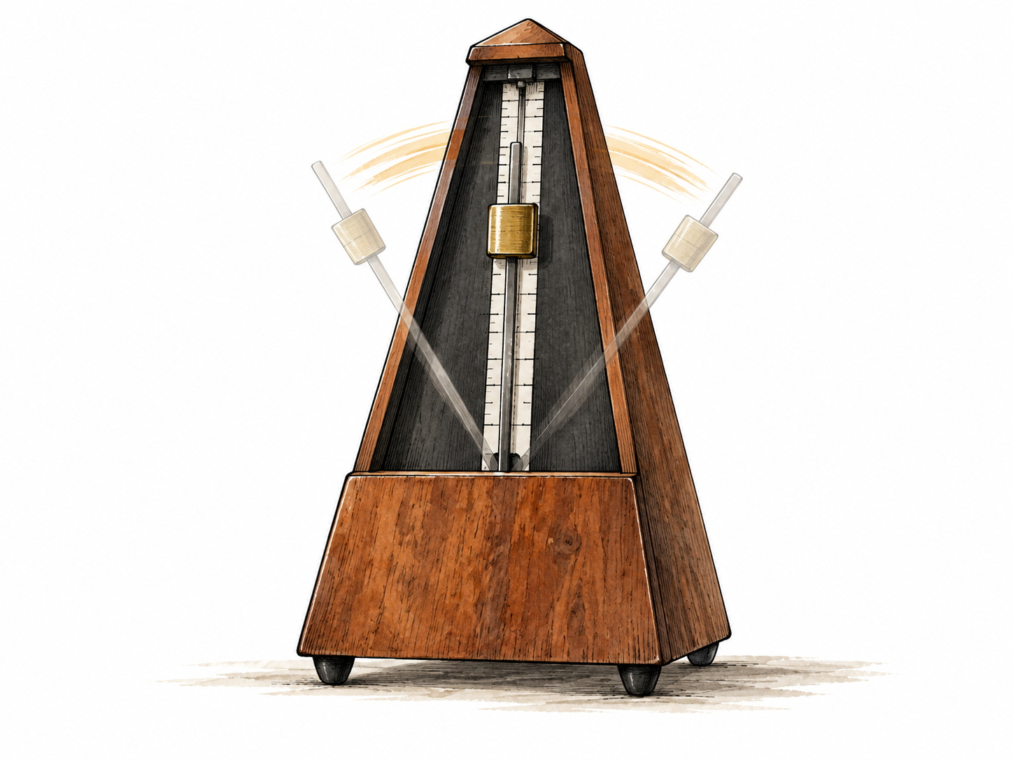 Metronome arm moving evenly between two positions with restrained motion trace.