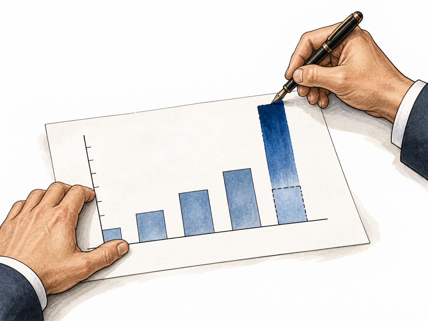 Hands dishonestly extend a chart's modest bar much taller using ink, original short outline still visible, no text.