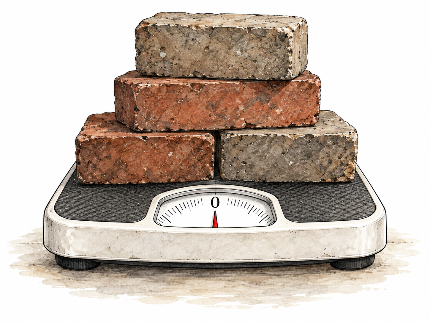 Bathroom scale reads 0 while heavy bricks rest fully on it, inaccurate measurement; only numeral 0 allowed.