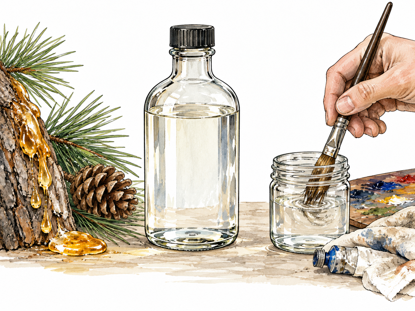 An unlabelled glass bottle of clear turpentine beside pine resin and an artist cleaning a paintbrush in a small jar.