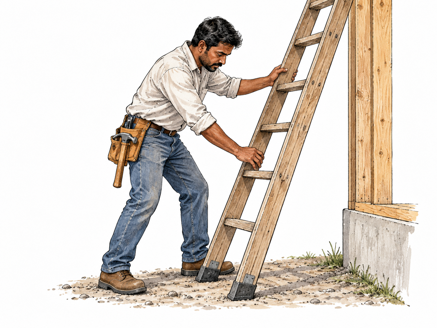 A South Asian carpenter checks support and balance of ladder before climbing, deliberate risk assessment.