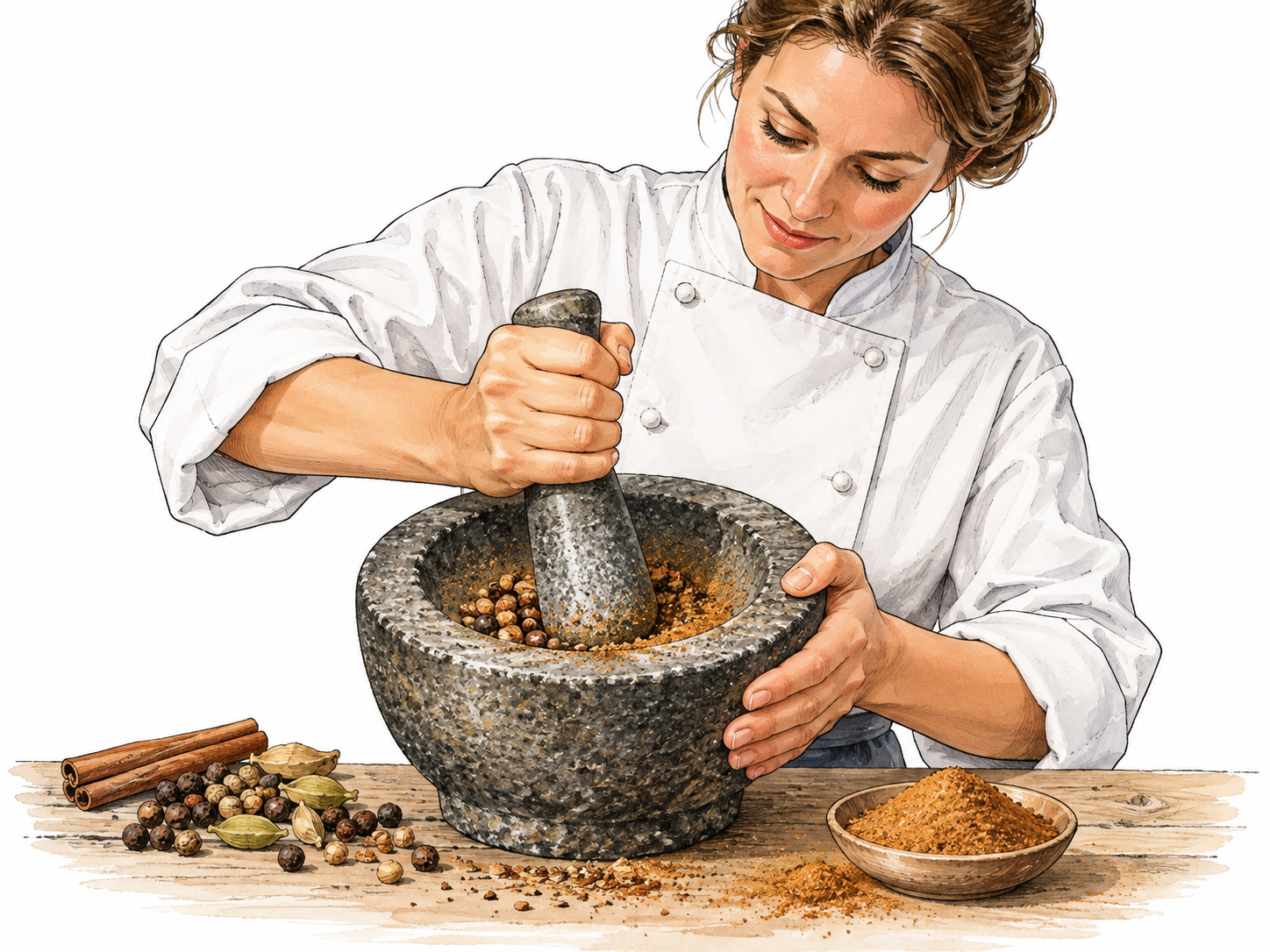 A white cook uses a heavy mortar and pestle to crush whole spices into fine powder.