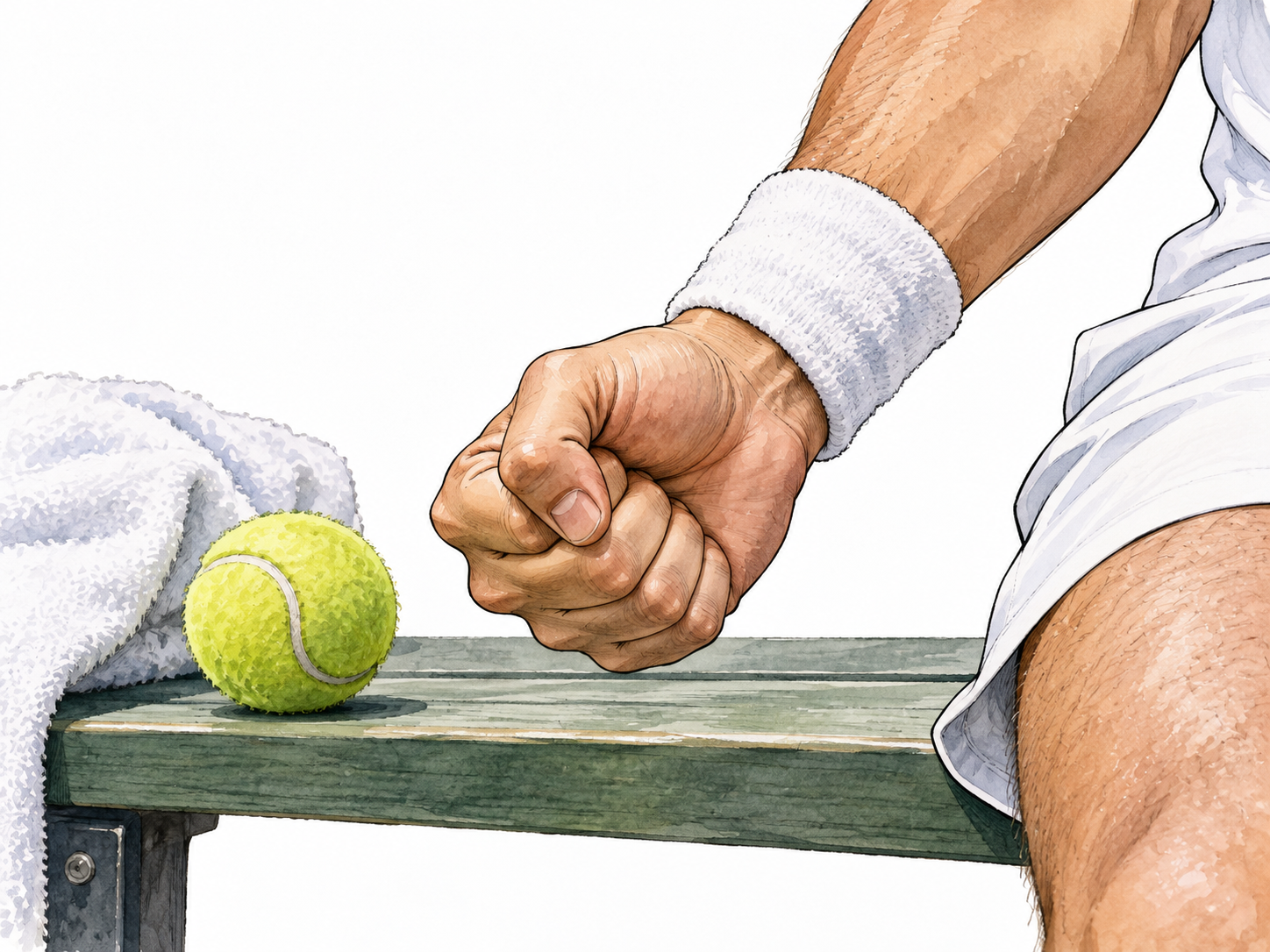 A close view of an athlete's hand closed tightly into a fist beside a tennis ball, on a sports bench; calm neutral training setting.