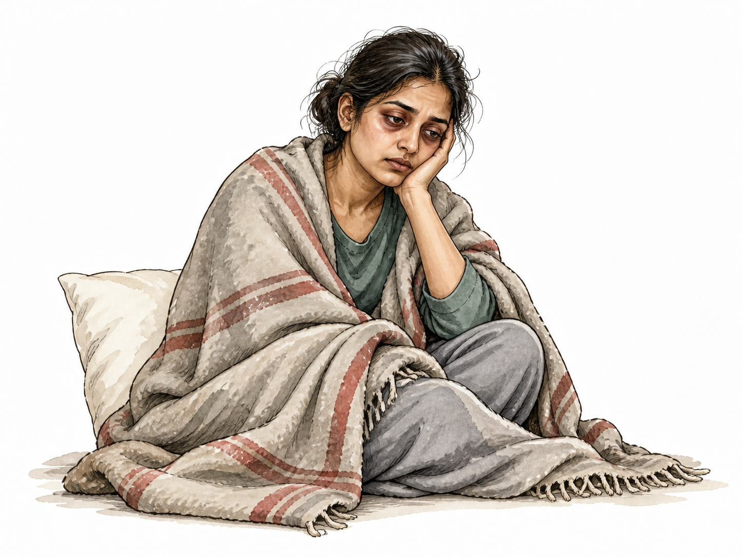 A pale tired South Asian adult sits wrapped in a blanket with drained expression.