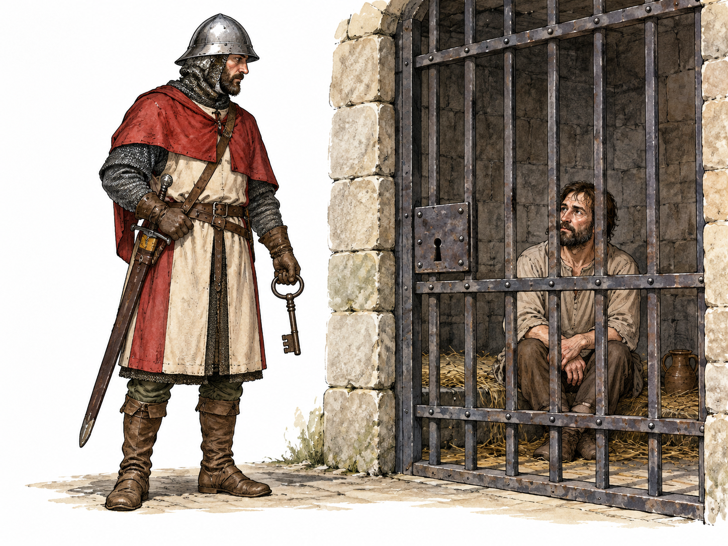 Pale-skinned medieval guard holding large key outside barred cell of adult prisoner, captor role, no injury.