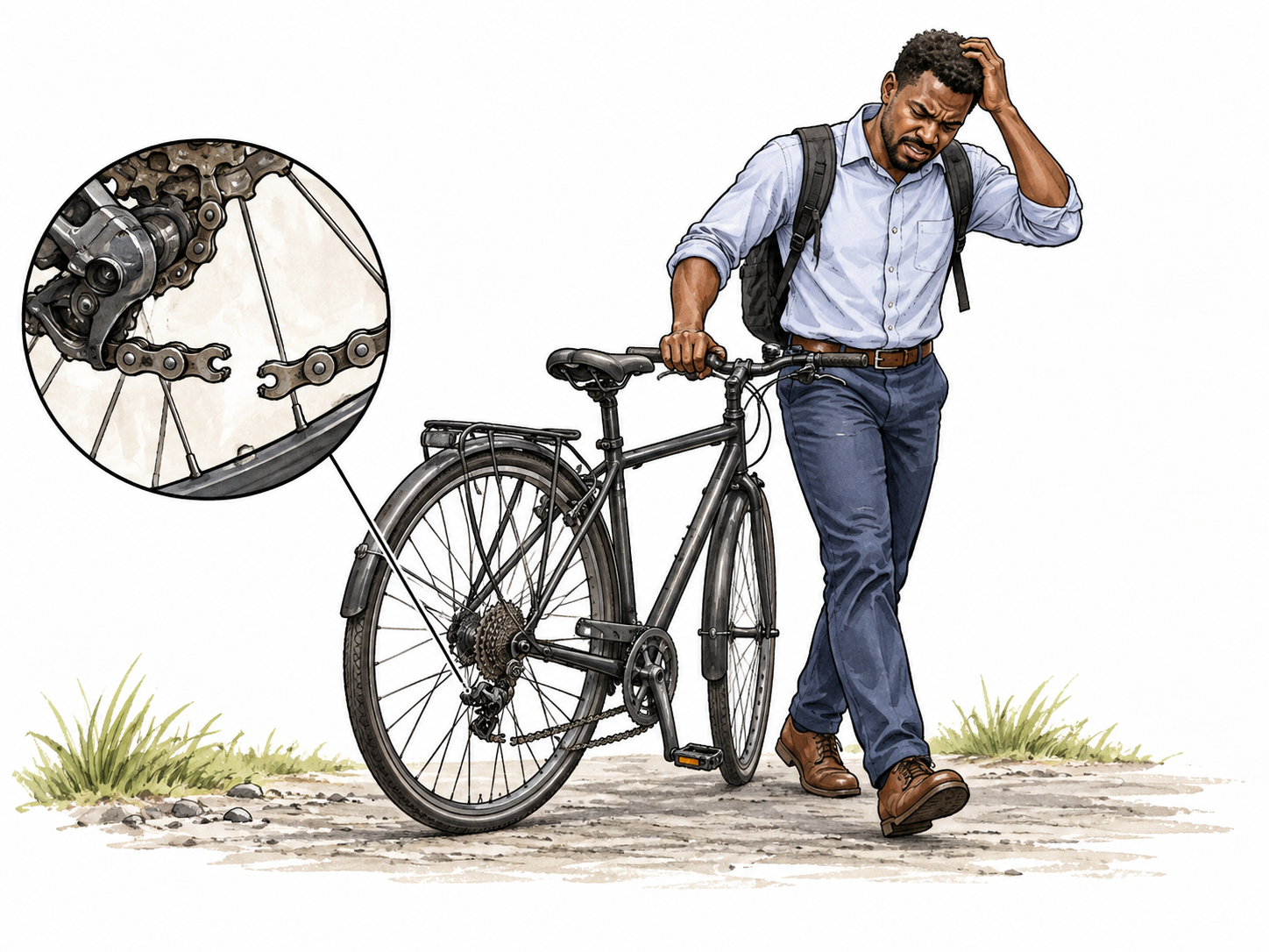 A broken bicycle chain leaves a Black commuter walking and pushing bicycle with frustrated expression.