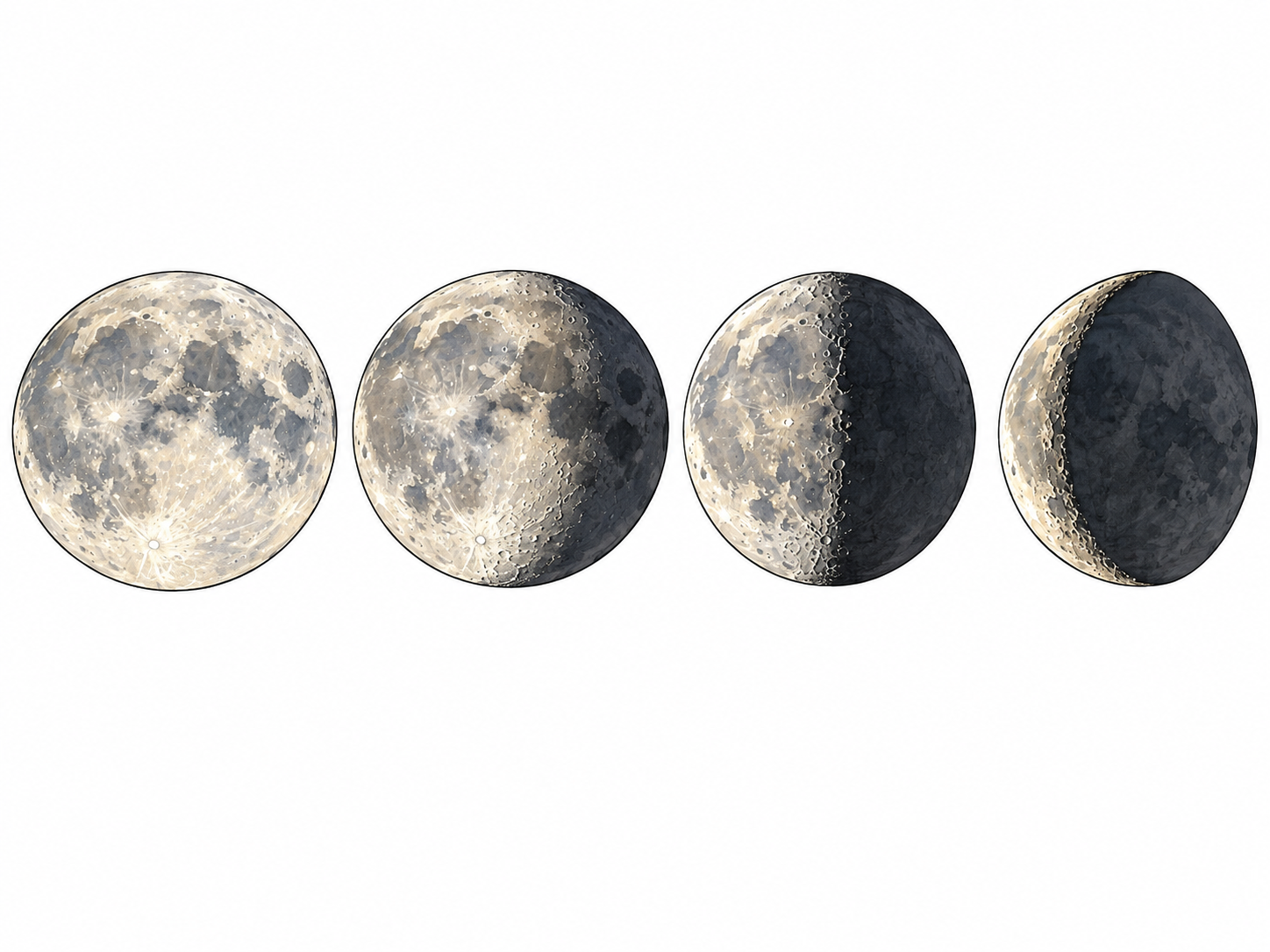A sequence of four moon phases from full to thin crescent, same scale, decreasing illuminated area.