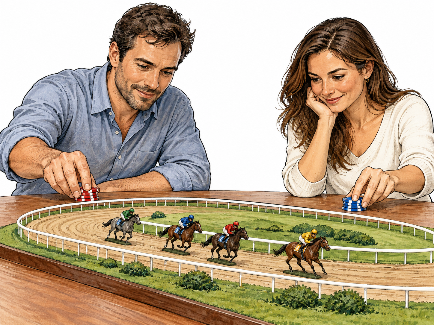 Two adults place modest betting chips beside a race track model before a horse race, clearly stake on uncertain outcome, no casino clutter.