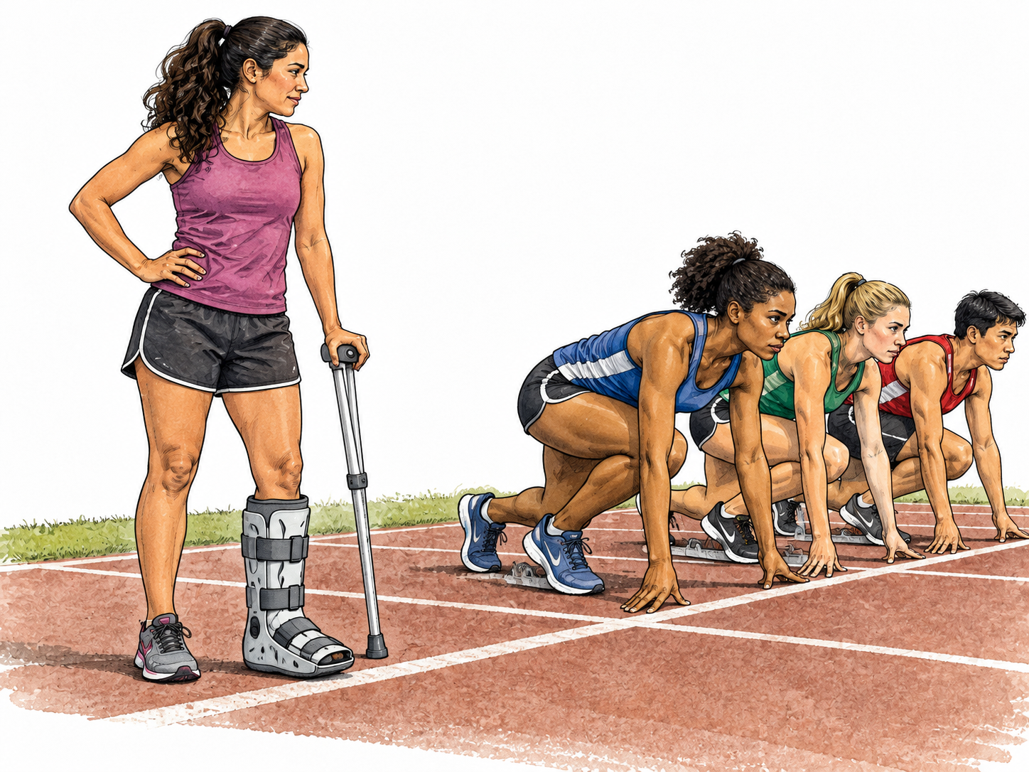 A runner wearing a bulky walking cast watches other runners at starting line, temporary disadvantage, Latina adult.