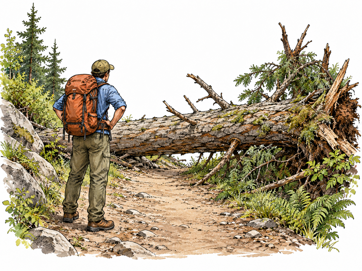 Large fallen tree blocking walking trail while hiker pauses, obstruction.