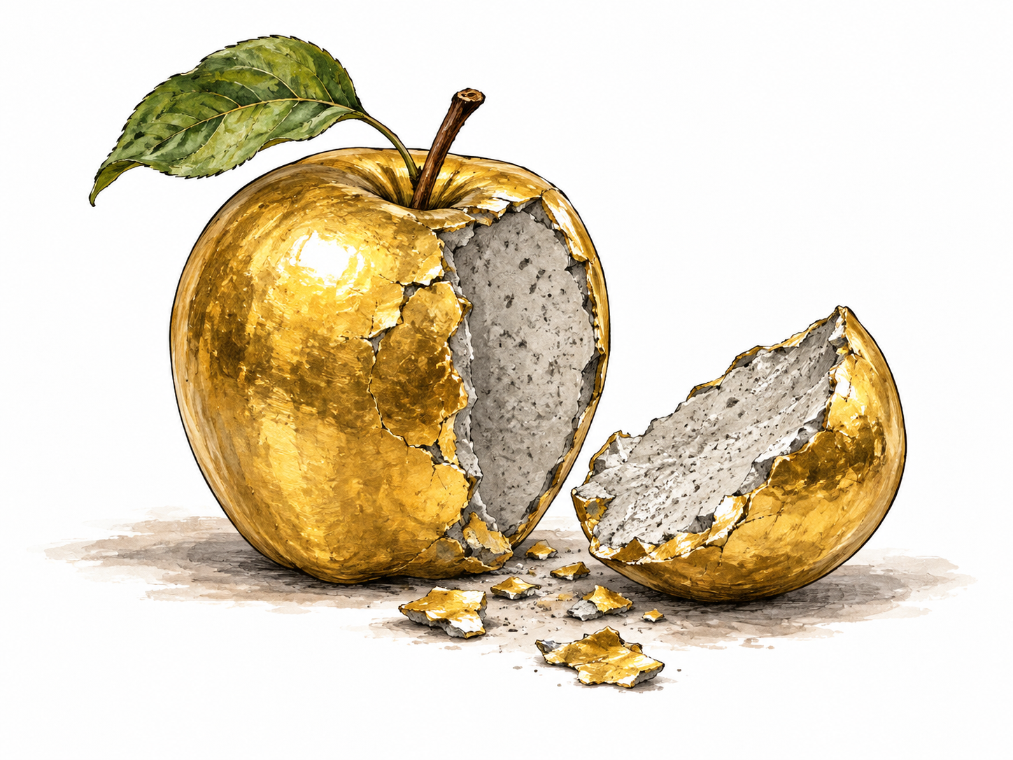 Gold-painted imitation apple split open to expose gray plaster rather than fruit.