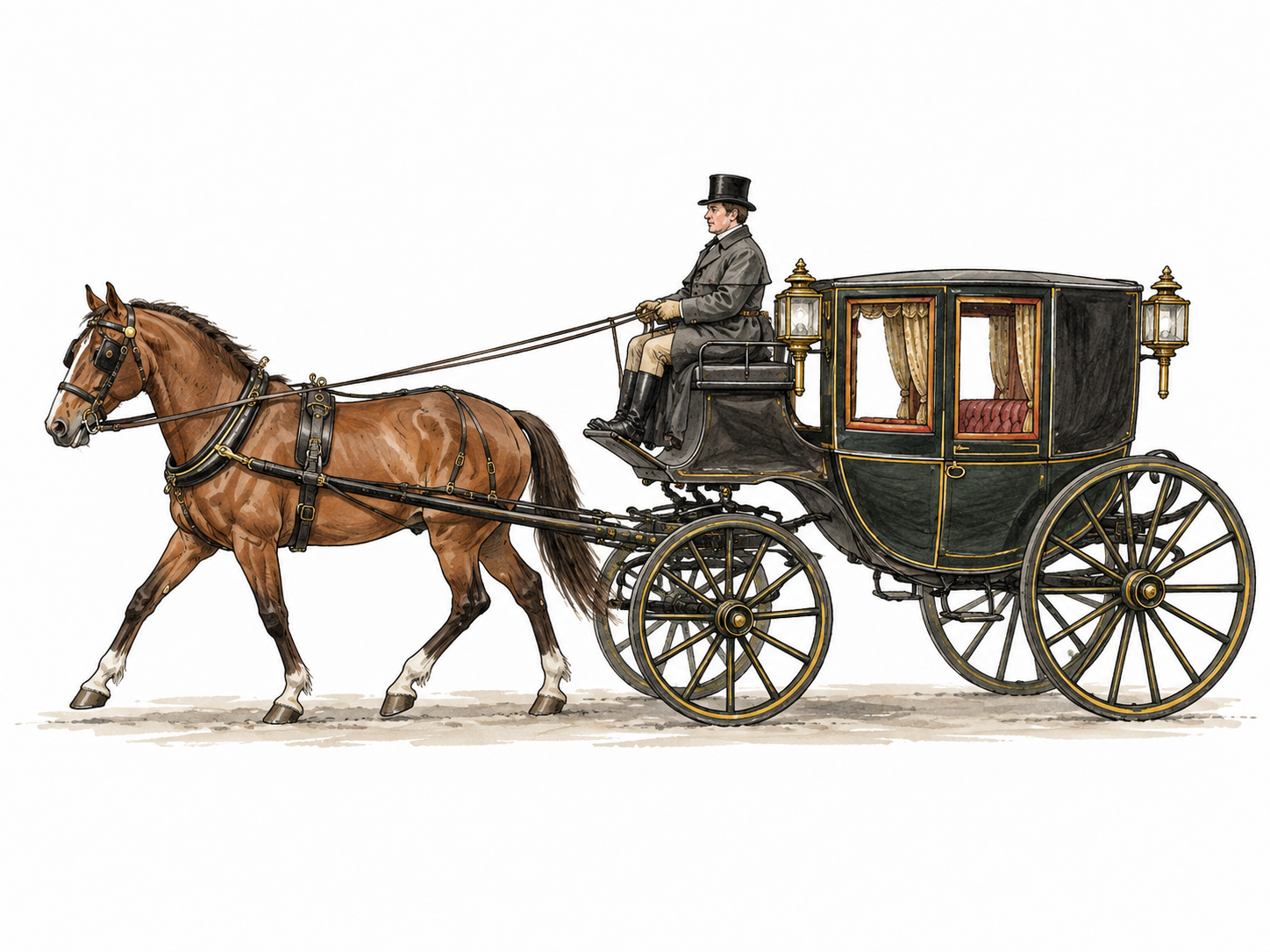 A historically accurate horse pulling a four-wheeled passenger carriage.