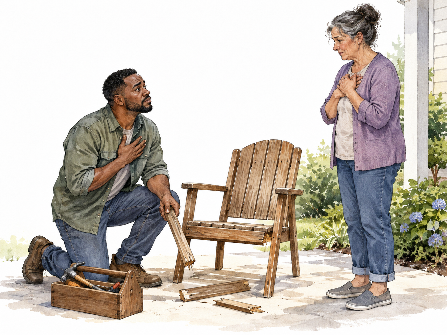A Black adult looks sincerely sorry and offers to repair the neighbor's broken wooden chair.