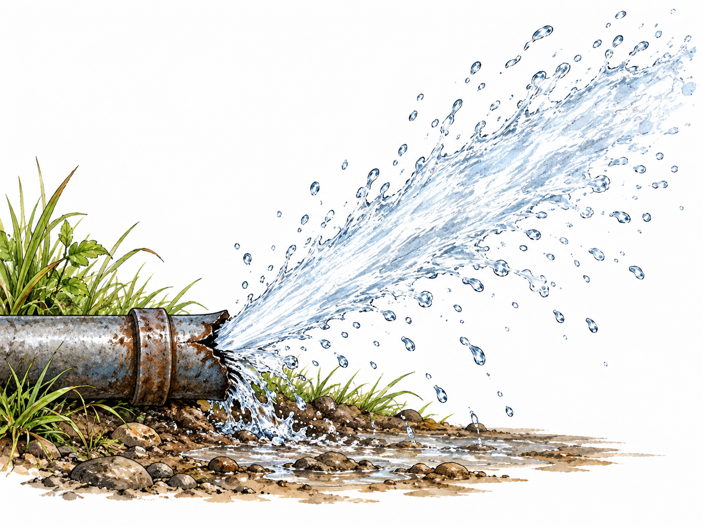 Water gushes forcefully from a broken outdoor pipe in a single strong spray.