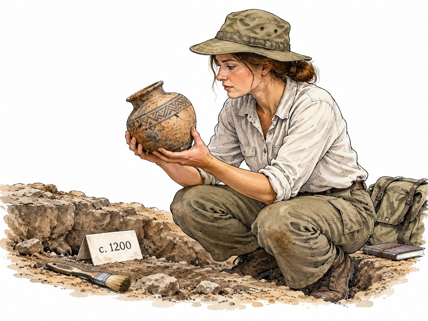 Archaeologist examining clay vessel beside date card reading only 'c.