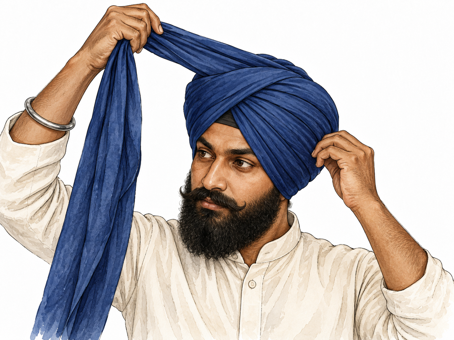 Brown-skinned Sikh man carefully wraps turban, dignified portrait and accurate layered cloth.