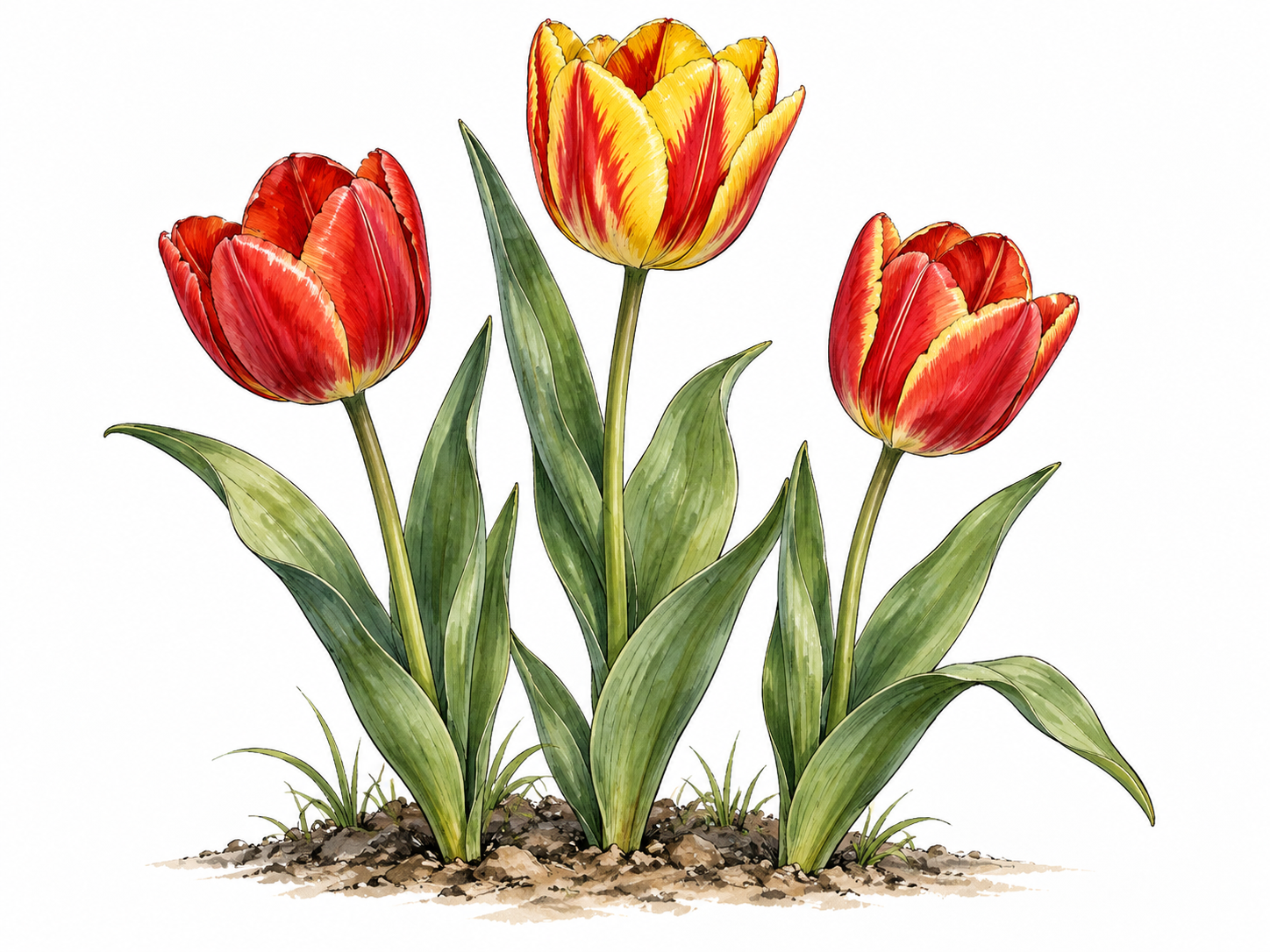 Three botanical tulips with cup-shaped red and yellow blooms and long leaves.