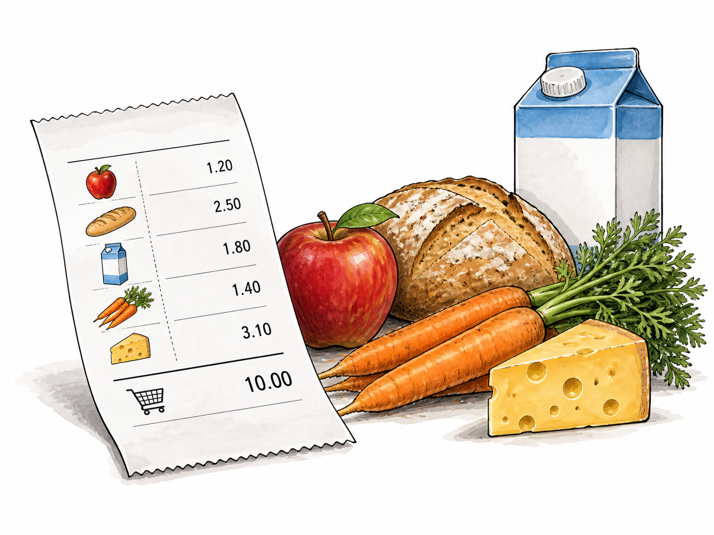 A printed bill with small product pictograms, neat rows and numeric amounts ending in a total, beside delivered goods; no words.