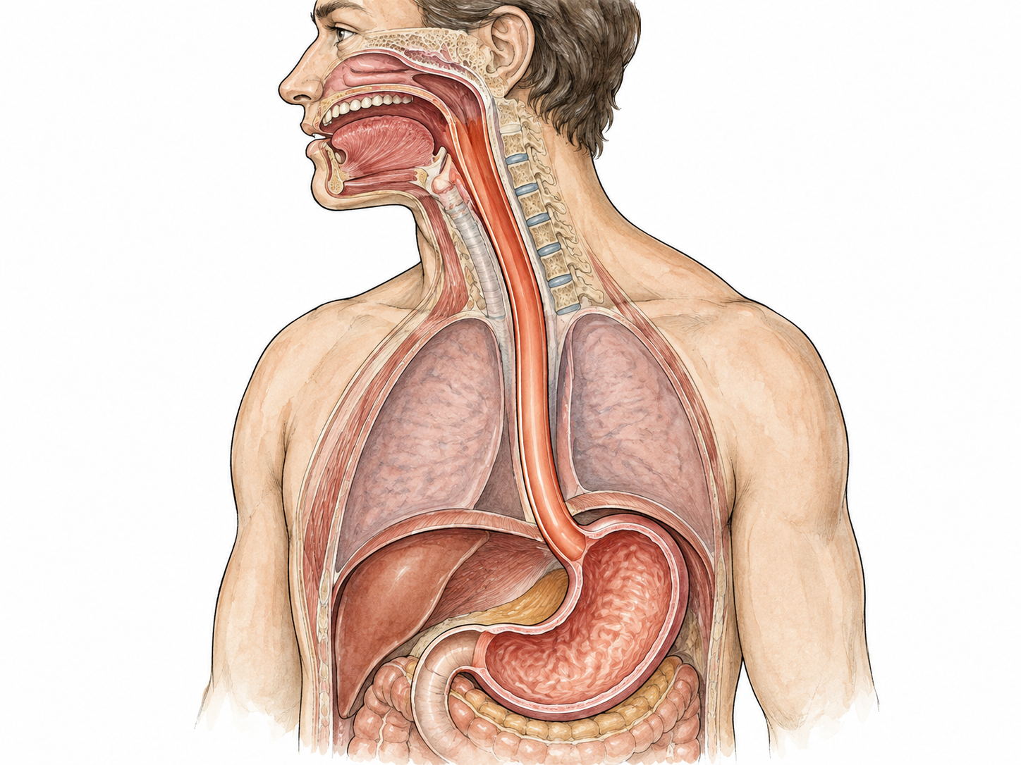 Clean side-view medical cutaway of upper torso showing mouth connected by esophagus to stomach, esophagus highlighted; no airway confusion or labels.